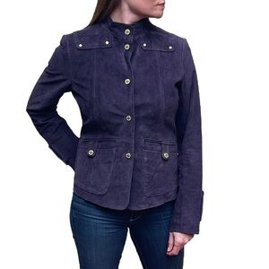BERNARDO PURPLE SUEDE SNAP BUTTON STAND COLLAR RACING JACKET